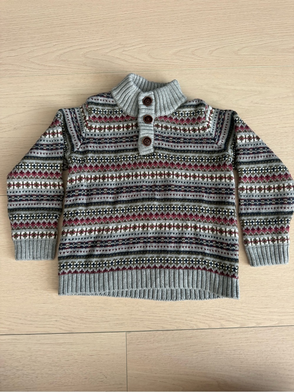 Janie and Jack Grey and Burgundy Fair Isle Button Turtleneck Sweater | 2T